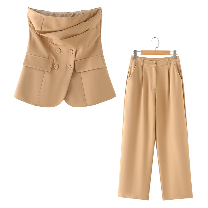 Spring Solid Color Double Breasted Pleated Tube Top Pleated Casual Trousers Set for Women