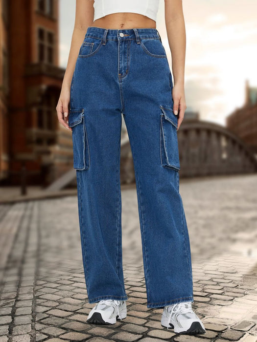 Work Clothes Jeans Blue Washed High Waist Straight-Leg Denim Trousers Women Jeans