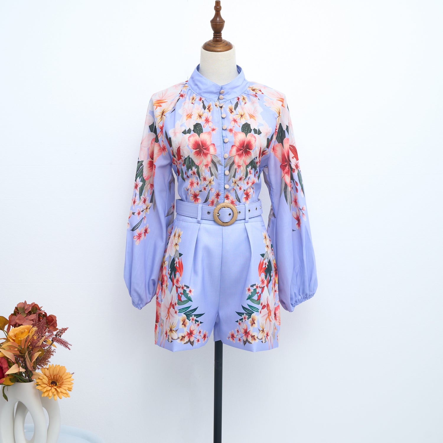 Blue Positioning Printed Collar Single Breasted Shirt Wide Leg Shorts Belt