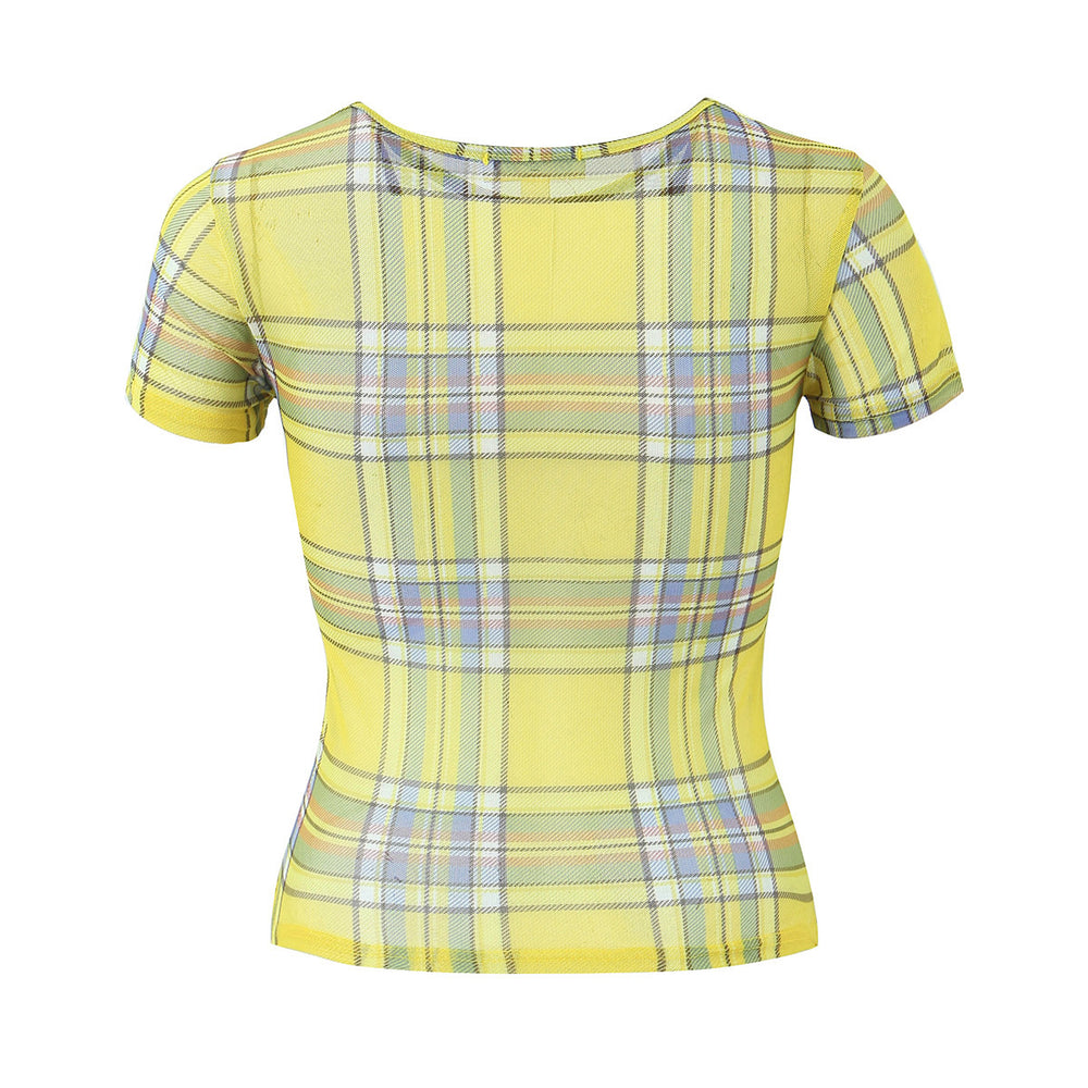 Summer Women Round Neck Yellow Grid High Elastic Mesh Printed T Shirt Top