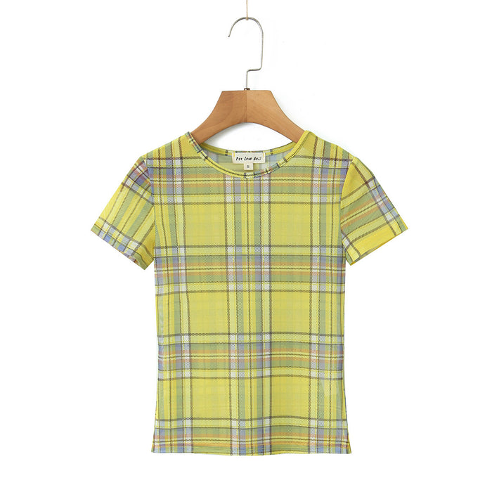 Summer Women Round Neck Yellow Grid High Elastic Mesh Printed T Shirt Top