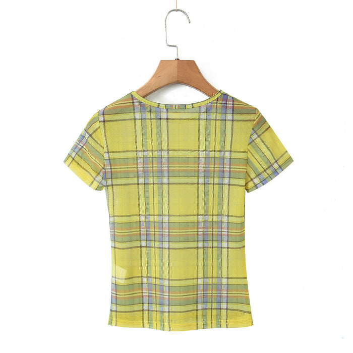 Summer Women Round Neck Yellow Grid High Elastic Mesh Printed T Shirt Top