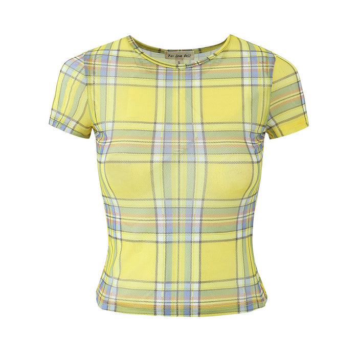 Summer Women Round Neck Yellow Grid High Elastic Mesh Printed T Shirt Top