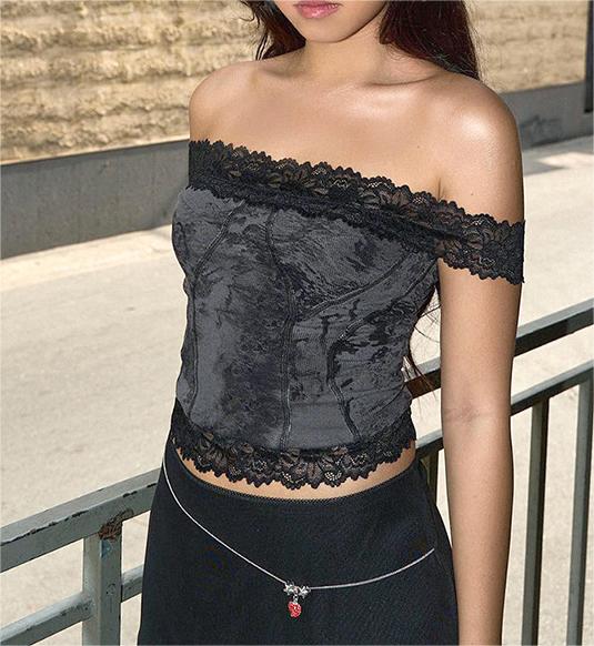 Sexy Sexy Lace Stitching Printing off-Shoulder Collarbone Crop Top Short Top Women