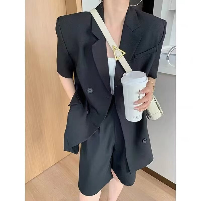 Korean Casual Suit Women Summer College Short Sleeve Blazer Small Shorts Two Piece Set