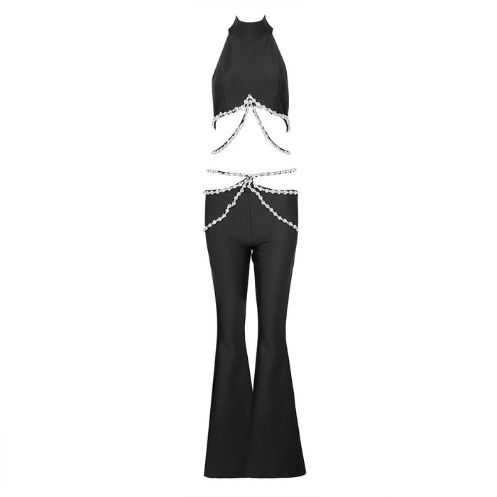 Spring Summer Women Clothes Sexy Luxury Handmade Set Diamond Short Vest Pants Set