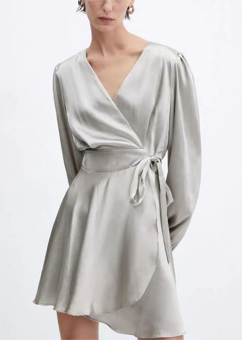 Spring Women Long Sleeved V neck Satin Wrap Dress