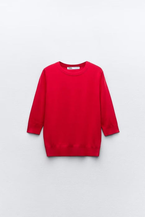 Autumn Solid Color Pullover Round Neck Half Sleeve Slim Fit Short Sweater Top Women