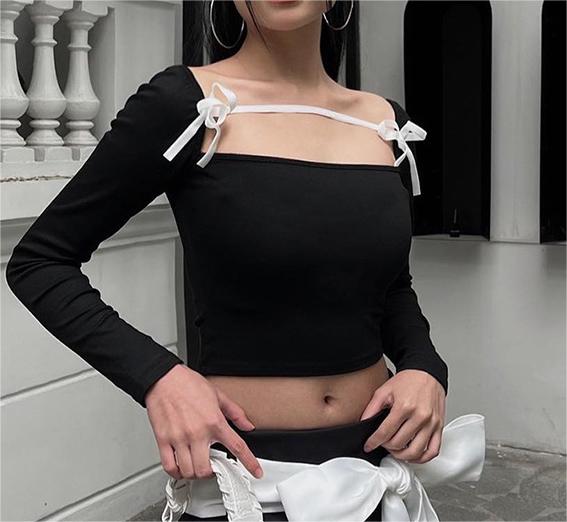 Special Interest Design Adult Lady like Woman Sexy Square Mouth Collar Long Sleeve Top Women Clothing