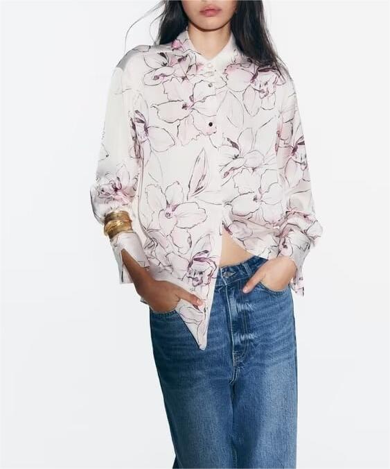 Women Clothing French Printed Silk Satin Textured Shirt