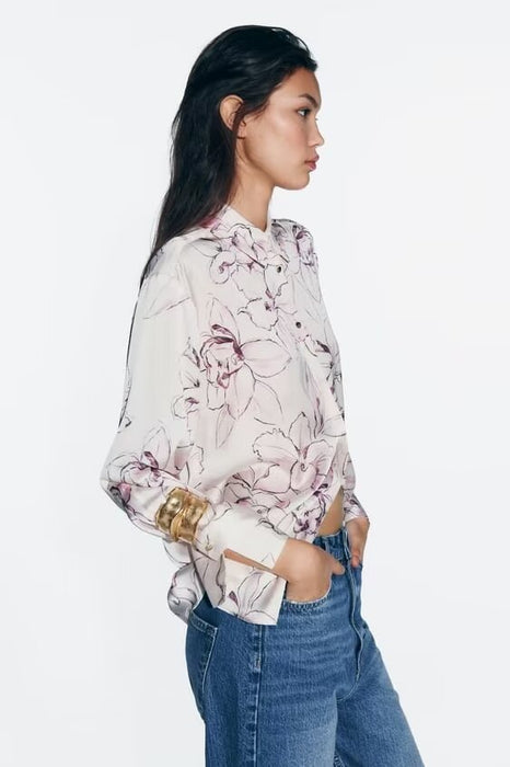 Women Clothing French Printed Silk Satin Textured Shirt