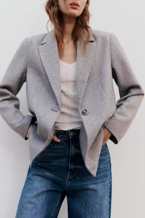 Women Clothing French Herringbone Twill Straight Cut Blazer