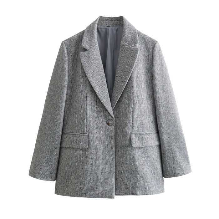 Women Clothing French Herringbone Twill Straight Cut Blazer