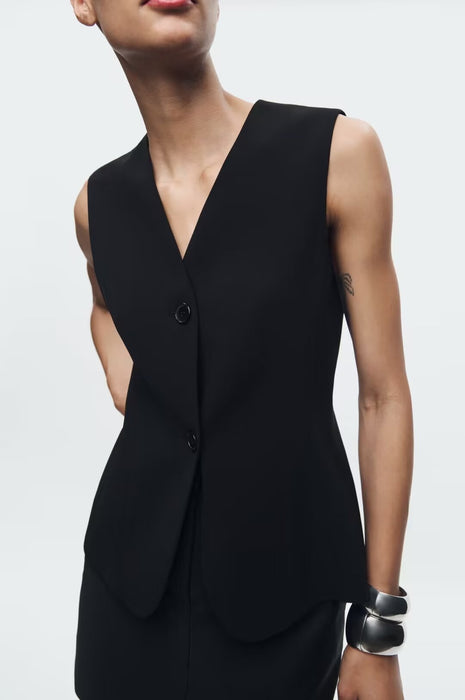 Pure Black Vest Autumn Vest Two Button V Neck Sleeveless Top