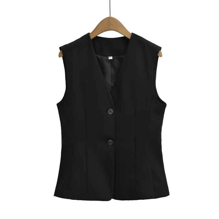 Pure Black Vest Autumn Vest Two Button V Neck Sleeveless Top