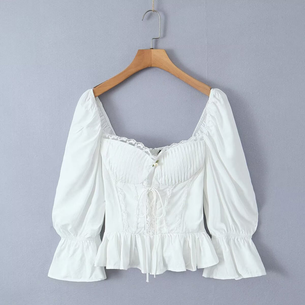 Ruffled Square Collar Lace Up Pleated Waist Tight Puff Sleeve Short Shirt Long Sleeve Top Women