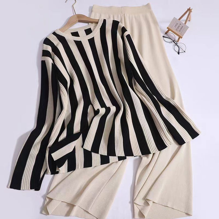 Design Sense Vertical Stripe Round Neck Split Knit Top High Waist Wide Leg Pants Fashion Two piece Set