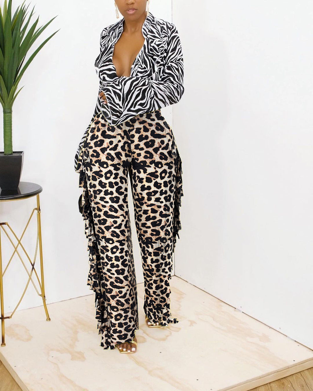 Women Cute Leopard Camouflage Pairs Fringed Wide Leg Return