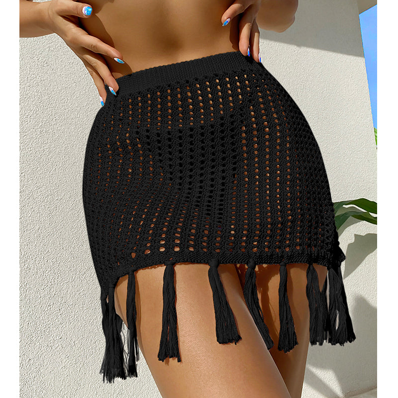 Sexy Vacation Empty See through Vacation Sun Protection Knitted Dress Tassel Skirt Beach Cover up Skirt