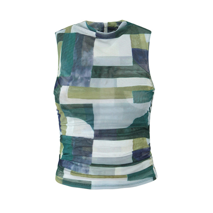 Women Double Layer Multicolor Plaid High Elastic Mesh Printed Vest