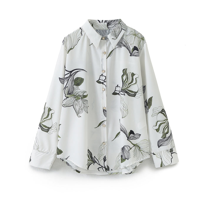 Spring Women All Match Floral Printing Collared Single Long Sleeve Silk Satin Textured Shirt