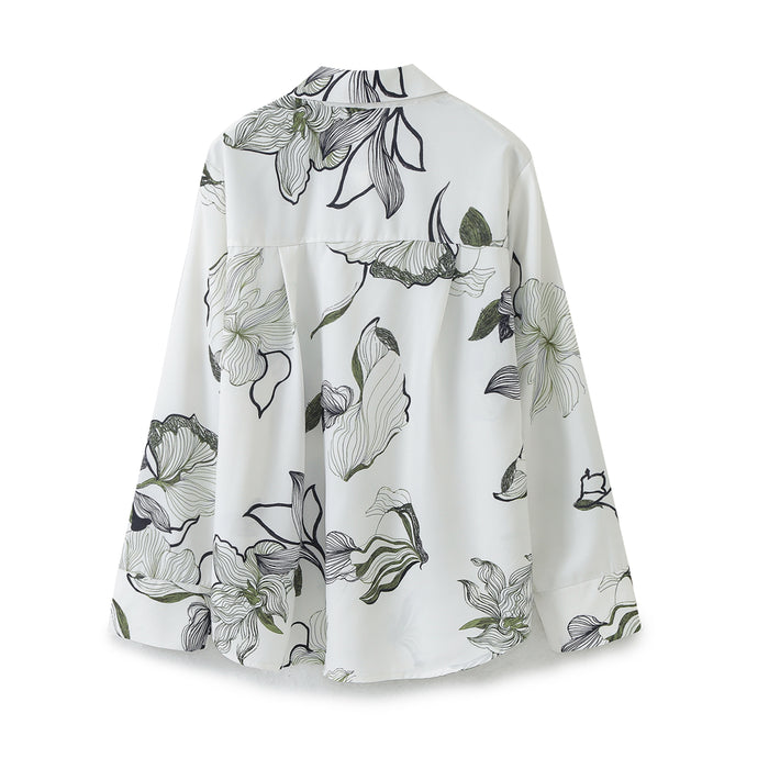 Spring Women All Match Floral Printing Collared Single Long Sleeve Silk Satin Textured Shirt