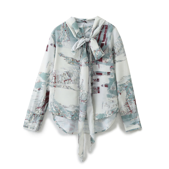 Women Clothing Spring Bowknot Decorative Printed Long Sleeved Shirt