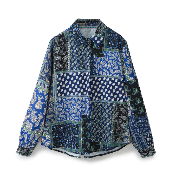 Women Patchwork Printed Silk Satin Texture Casual Shirt