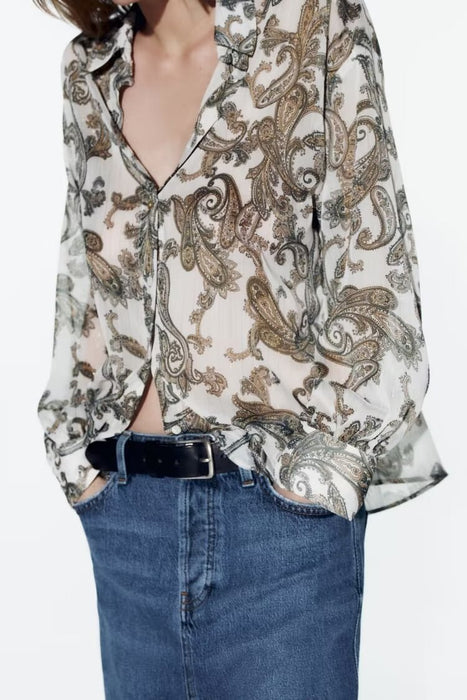 Spring Women Clothing Casual Paisley Loose Printed Shirt