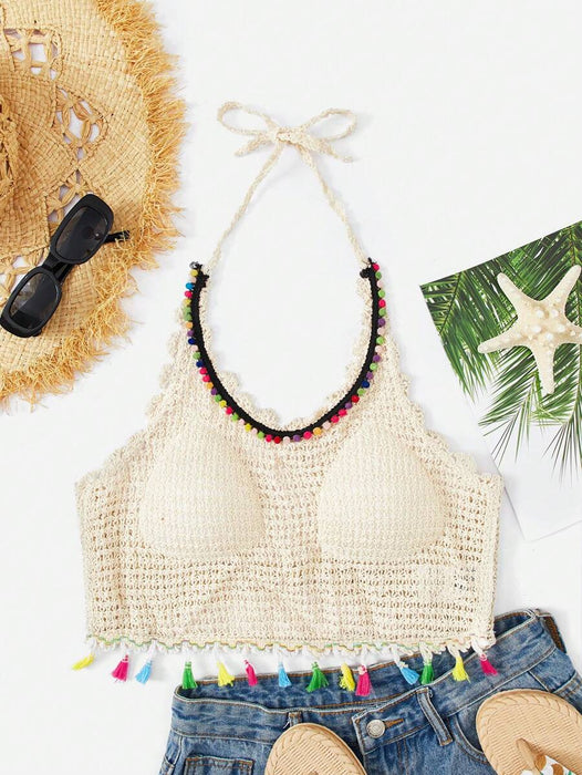 Colorful Tassel Crocheted Openwork Sling Back Strap Top