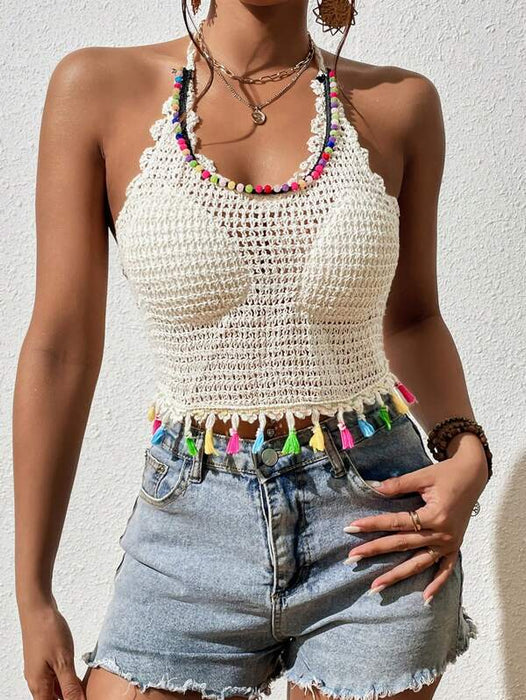 Colorful Tassel Crocheted Openwork Sling Back Strap Top