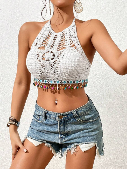 Summer Colorful Tassel Hanging Beads Crocheted Hollow Suspender Top Blouse