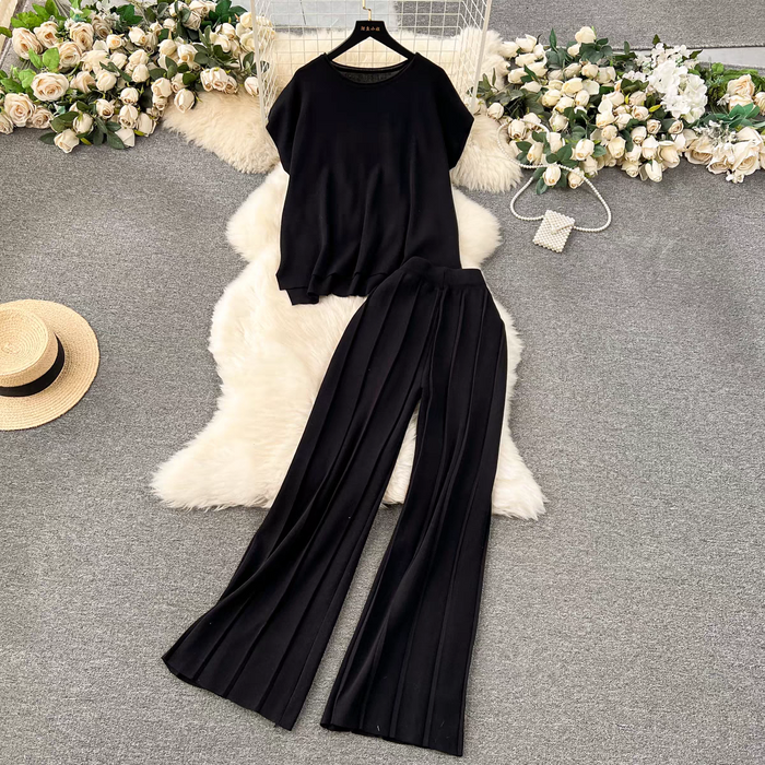 Women Lazy Style Wear Solid Color Knitted Top Loose Slimming High Waist Wide Leg Pants Fashion Two piece Suit Spring Clothes