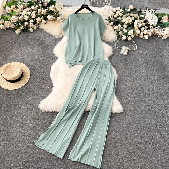 Women Lazy Style Wear Solid Color Knitted Top Loose Slimming High Waist Wide Leg Pants Fashion Two piece Suit Spring Clothes