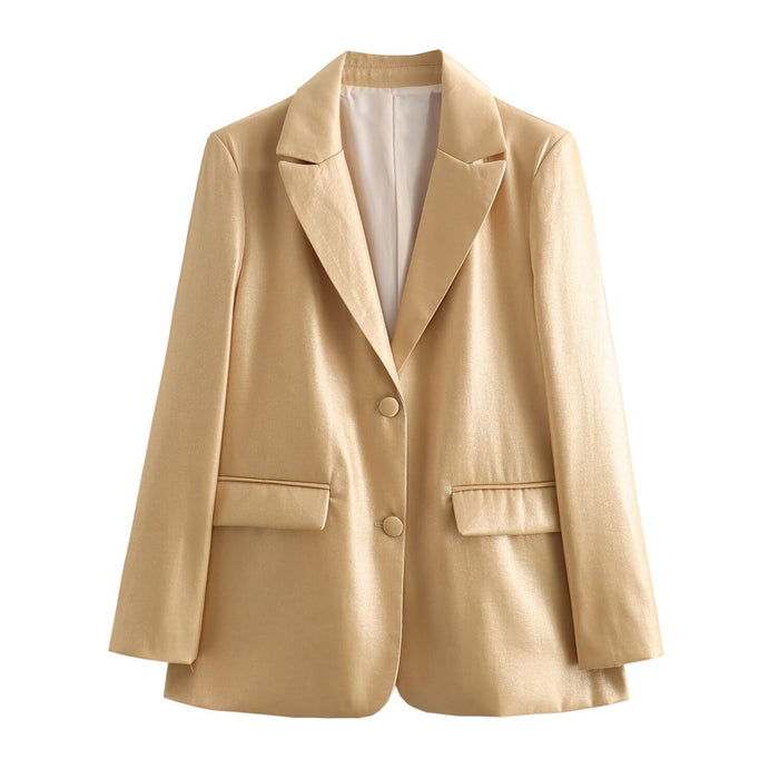 Spring Women Street Metal Surface Straight Cut Blazer