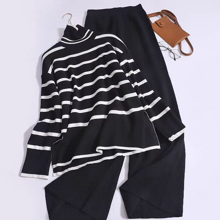 Spring Autumn Striped Minimalist Knitted Two Piece Turtleneck Sweater Loose Casual Knitted Suit Women