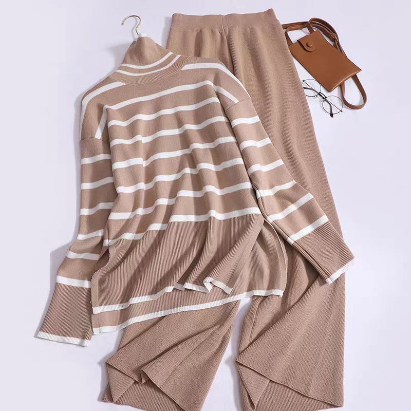 Spring Autumn Striped Minimalist Knitted Two Piece Turtleneck Sweater Loose Casual Knitted Suit Women