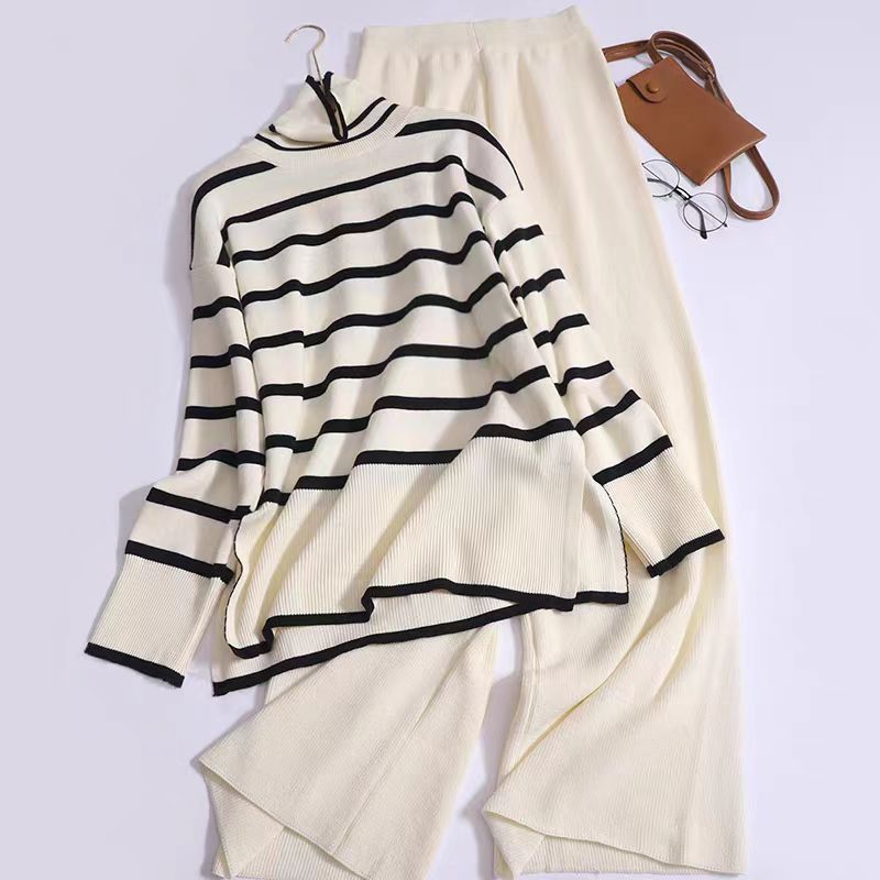 Spring Autumn Striped Minimalist Knitted Two Piece Turtleneck Sweater Loose Casual Knitted Suit Women