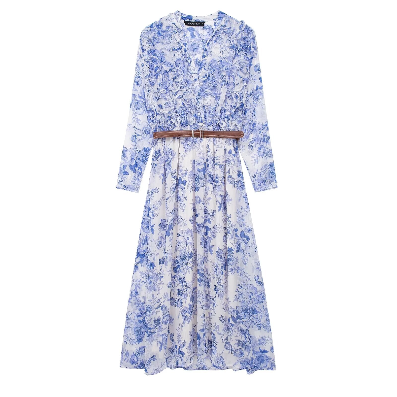 French High Grade Elegant Blue Chiffon Floral Shirt Dress for Women Gentle Super Fairy Holiday Waist Slimming Maxi Dress