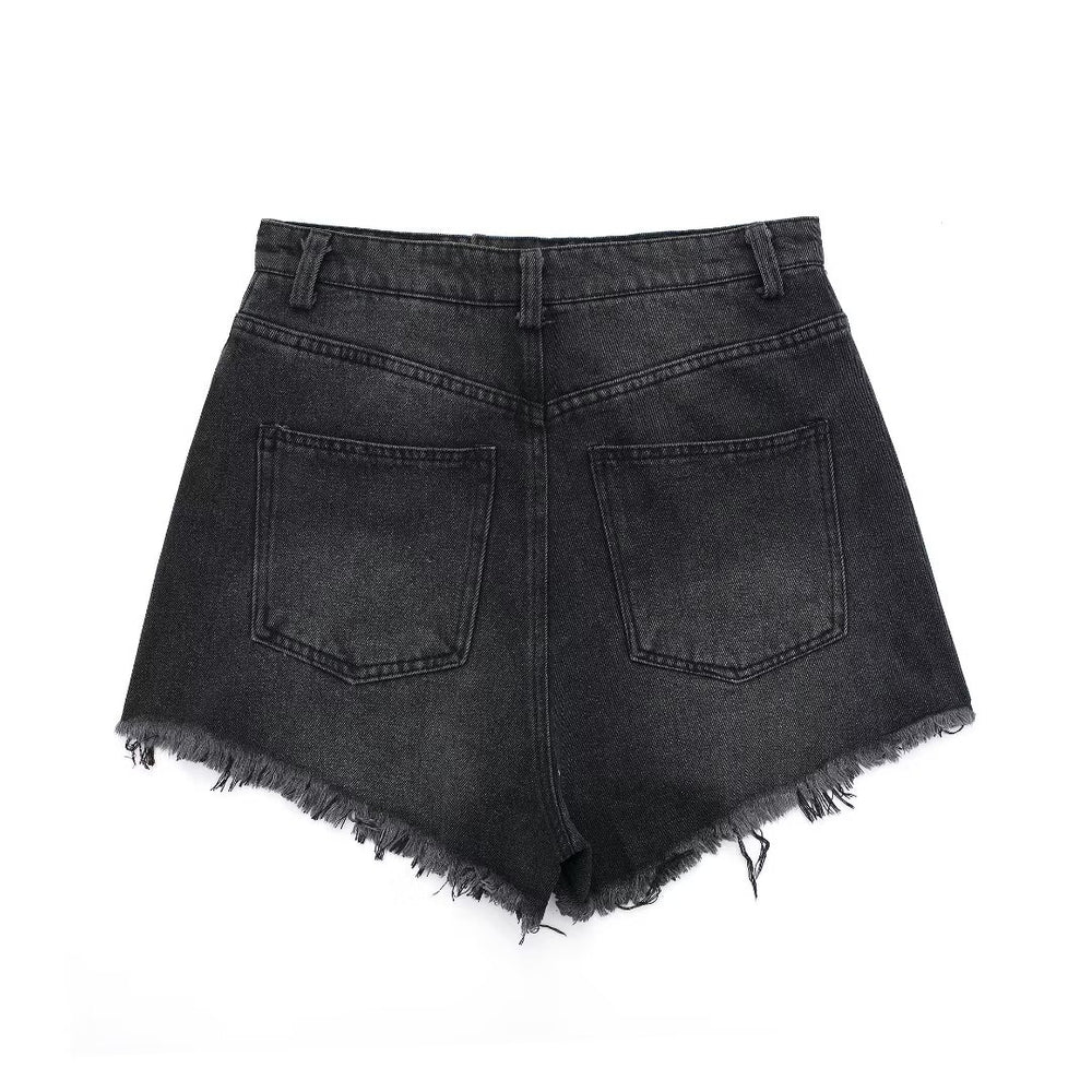 Vintage Washed Ripped Tassel Frayed Denim Shorts Summer High Waist A line Personalized Pants for Girls
