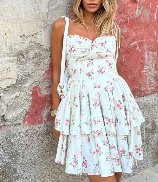 White Floral Strap Dress for Women Summer Sexy Sexy Pure Waist Tight Figure Flattering Puffy Dress