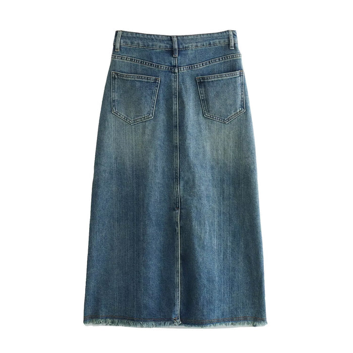 Sexy Slimming Skirt Frayed Washed Denim a Line Skirt High Waist Slim Fit Midi Dress