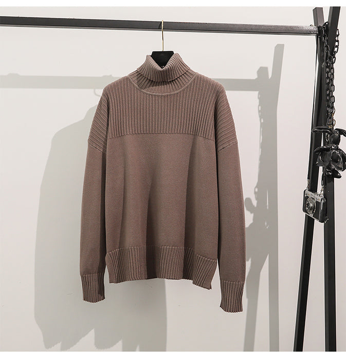 Women Knit Pullover Solid Color High Neck Loose Casual Autumn Winter Sweater Knitted Two Piece Set