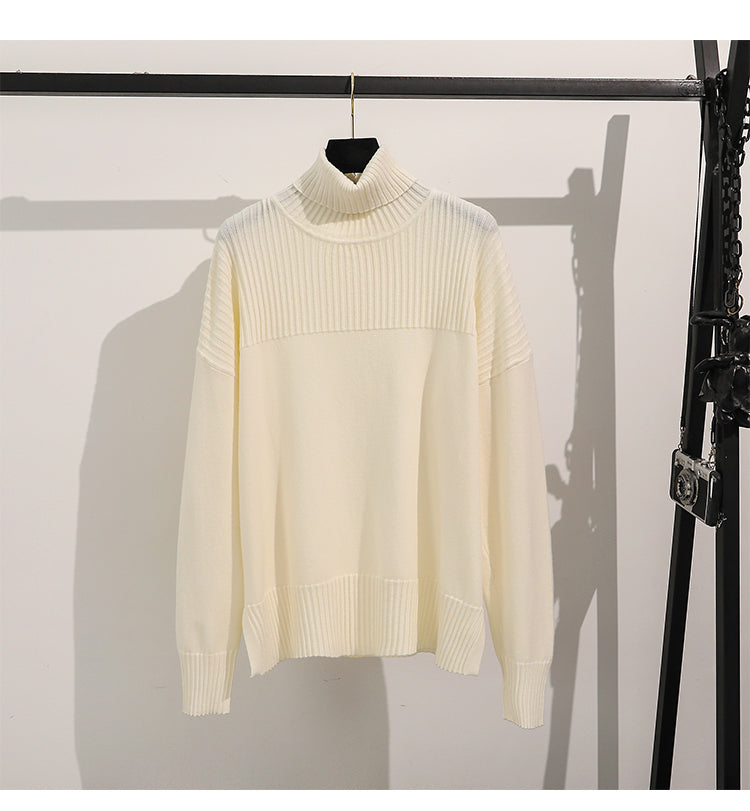 Women Knit Pullover Solid Color High Neck Loose Casual Autumn Winter Sweater Knitted Two Piece Set