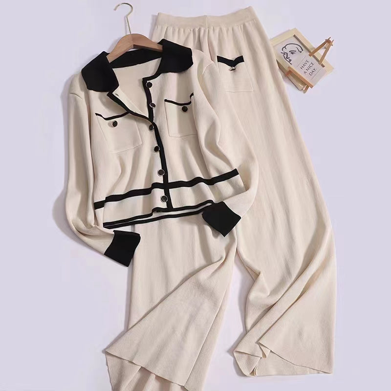 Knitted Wide Leg Pants Two Piece Set High Waist Trousers With Contrast Laps Single Breasted Knitted Sweater