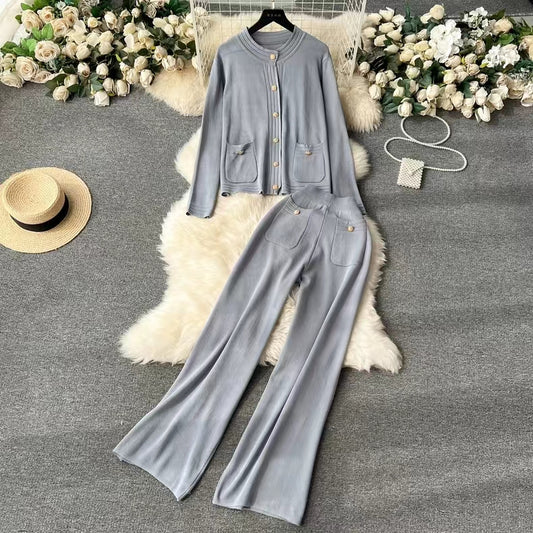 Knitted Cardigan Top Women Spring Autumn High End Sweater Jacket High Waist Slimming Wide Leg Pants suit