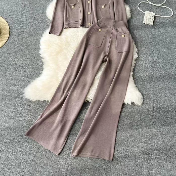 Knitted Cardigan Top Women Spring Autumn High End Sweater Jacket High Waist Slimming Wide Leg Pants suit