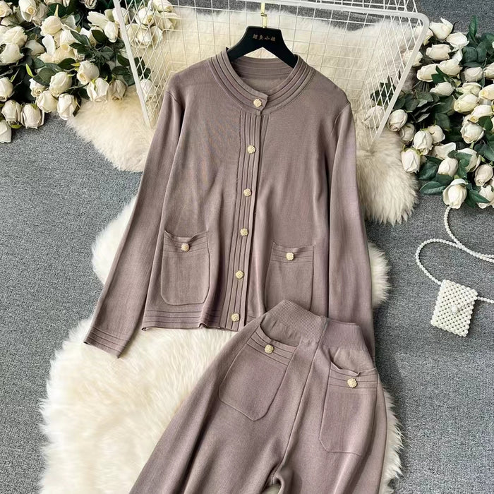 Knitted Cardigan Top Women Spring Autumn High End Sweater Jacket High Waist Slimming Wide Leg Pants suit