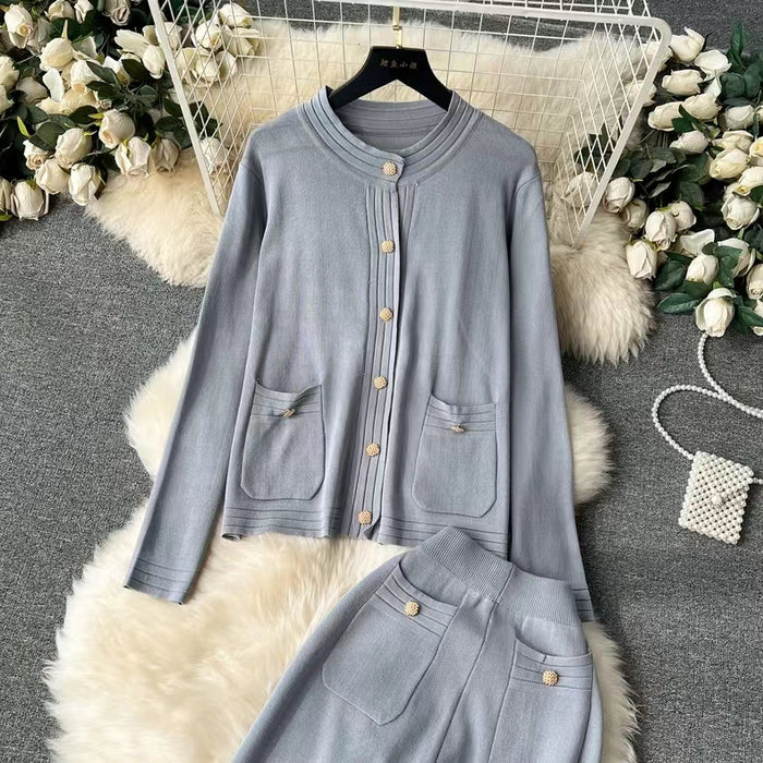 Knitted Cardigan Top Women Spring Autumn High End Sweater Jacket High Waist Slimming Wide Leg Pants suit