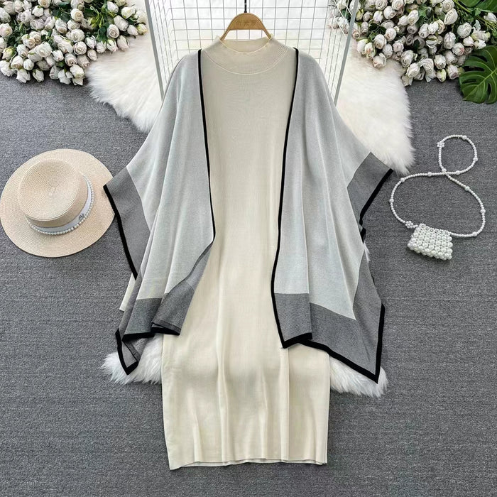 Spring Autumn Shawl Knitted Sweater Loose dress Two Piece Casual Jacket Knitted Suit Women